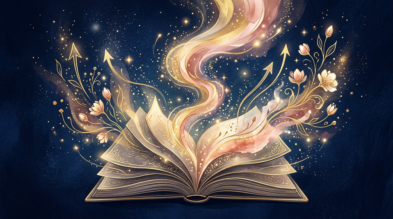 An open book releasing gold and blush ribbons, stardust, arrows, and flowers
