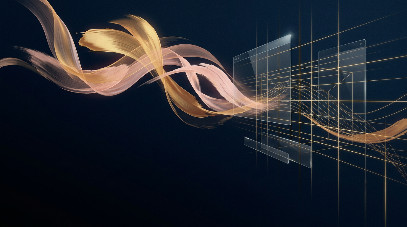 Gold and blush paint ribbons flowing across a deep navy sky