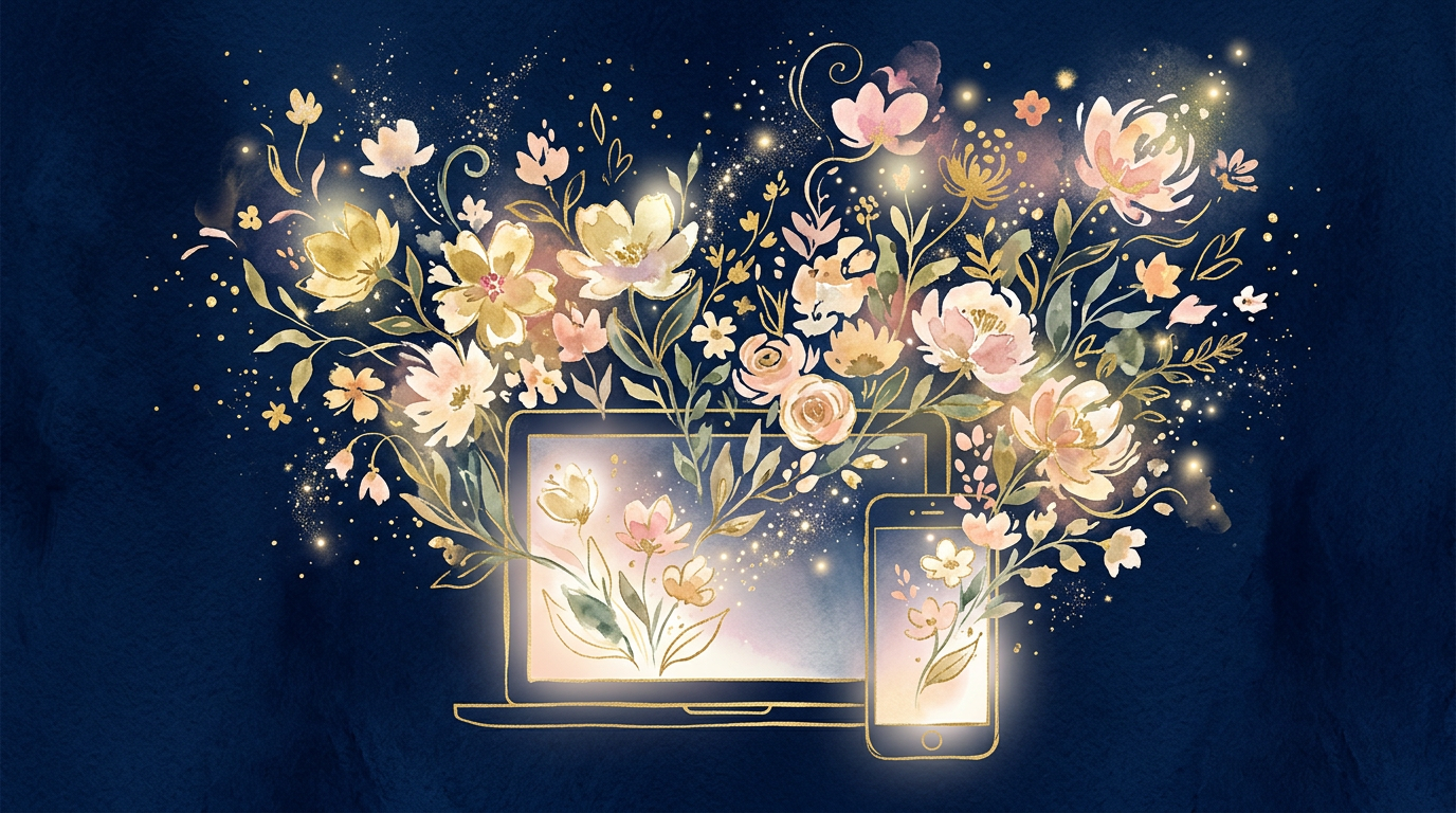 A laptop and phone blooming into watercolor flowers and gold stardust